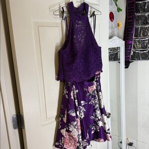 Windsor Vibrant Purple Two Piece Lace Sleeveless Top and Floral Skirt